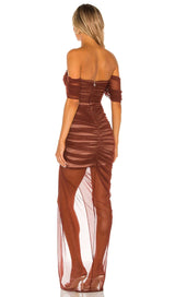 STRAPLESS BANDAGE RUCHED MAXI DRESS IN BROWN Dresses styleofcb 