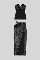 SHINY SEQUINS STRAPLESS TOP SPLIT SKIRTS TOPS & SKIRTS Oh CICI 