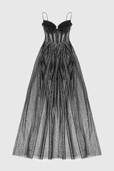 STRAPPY DRAPED RHINESTONE TULLE CORSET MAXI DRESS IN BLACK styleofcb 