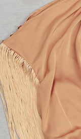 TASSEL SLEEVE SATIN MIDI DRESS IN BROWN DRESS STYLE OF CB 