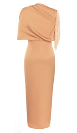 TASSEL SLEEVE SATIN MIDI DRESS IN BROWN DRESS STYLE OF CB 