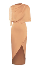 TASSEL SLEEVE SATIN MIDI DRESS IN BROWN DRESS STYLE OF CB 