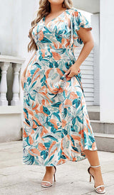 TROPICAL PRINT BUTTERFLY SLEEVE MIDI DRESS IN MULTI COLOR DRESS styleofcbdress 