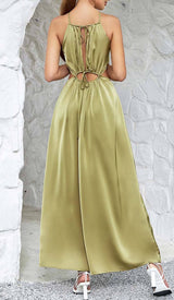 WAIST CUTOUT SATIN MAXI DRESS IN OLIVE DRESS STYLE OF CB 