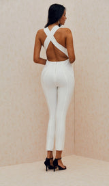 WHITE DEEP V-NECK BANDAGE JUMPSUIT
