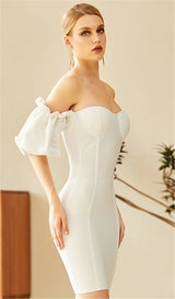 WHITE SLEEVE MIDI BANDAGE DRESS