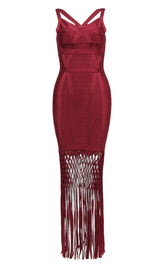 WINE DRAPED MAXI BANDAGE DRESS