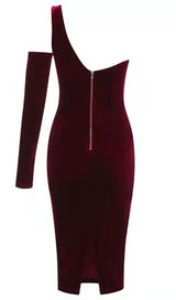 WINE RED ONE SHOULDER VELVET MIDI DRESS styleofcb 