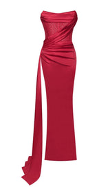 HOLLY RED CRYSTALLIZED CORSET HIGH SLIT SATIN GOWN prom gown styleofcb 