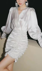 SEXY SLIM DEEP V LONG SLEEVES SILK SIMILAR MINI DRESS styleofcb 