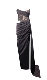 CORSET SATIN PLEATED MAXI DRESS IN BLACK DRESS STYLE OF CB 