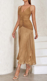 PLEATED STRAPPY MIDI DRESS IN BROWN DRESS STYLE OF CB 