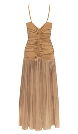 PLEATED STRAPPY MIDI DRESS IN BROWN DRESS STYLE OF CB 