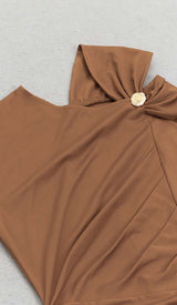 RUCHED SATIN MIDI DRESS IN BROWN DRESS STYLE OF CB 